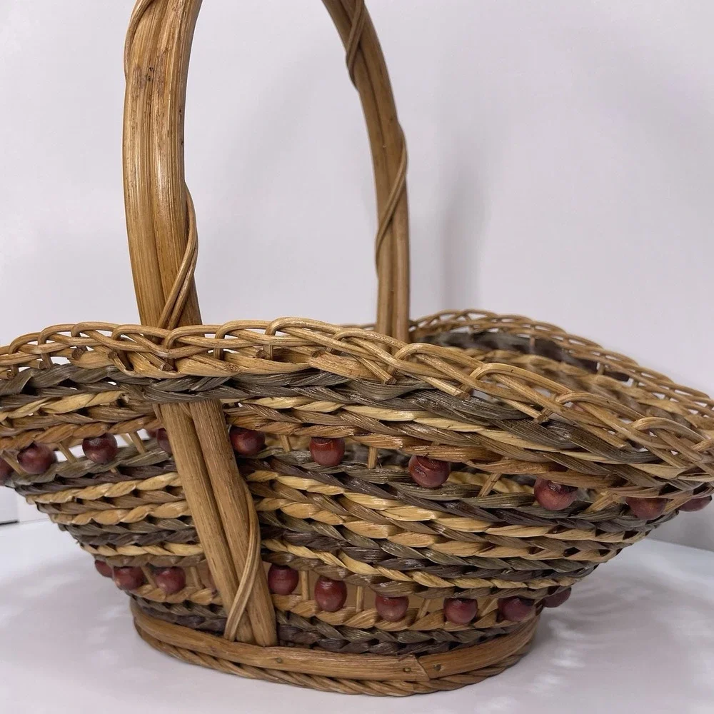 Large Vtg Willow Wicker Wood Bead Basket Handmade‎ Rattan 16.5x10.5